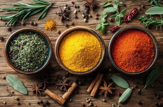 Collection of bright spices in ceramic bowls with scattered herbs on a
