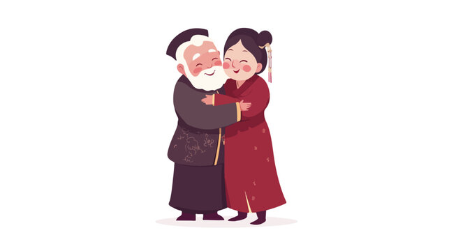 Affectionate Cartoon Chinese Old Couple Hugging in Flat Vector Style
