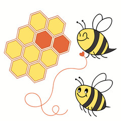 Two cartoon bees connecting with heart near honeycomb graphic  