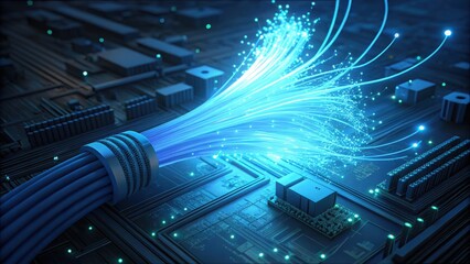 Glowing Photons Traveling Through Fiber on Circuit Board Surface