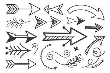Black Hand-Drawn Arrow Collection in Vector Sketch Style Featuring Curved, Circular, and Zigzag Designs for Infographics, UI Navigation Charts, and Presentation Graphics.

