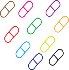 Colorful capsule pills scattered on a white background design art
