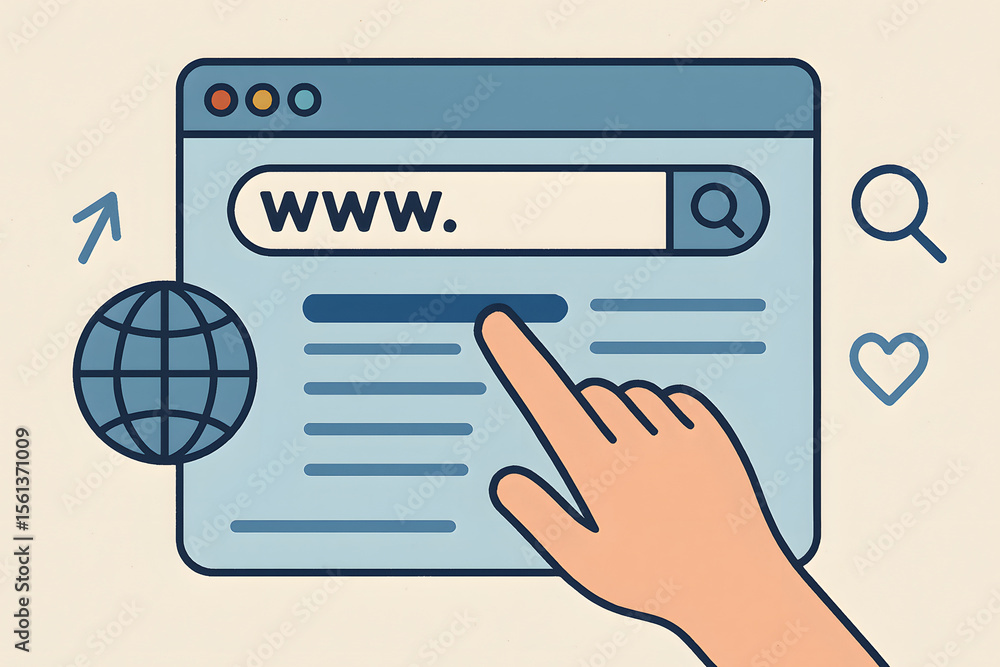 Poster digital exploration: illustrated representation of navigating the world wide web, showcasing a hand 