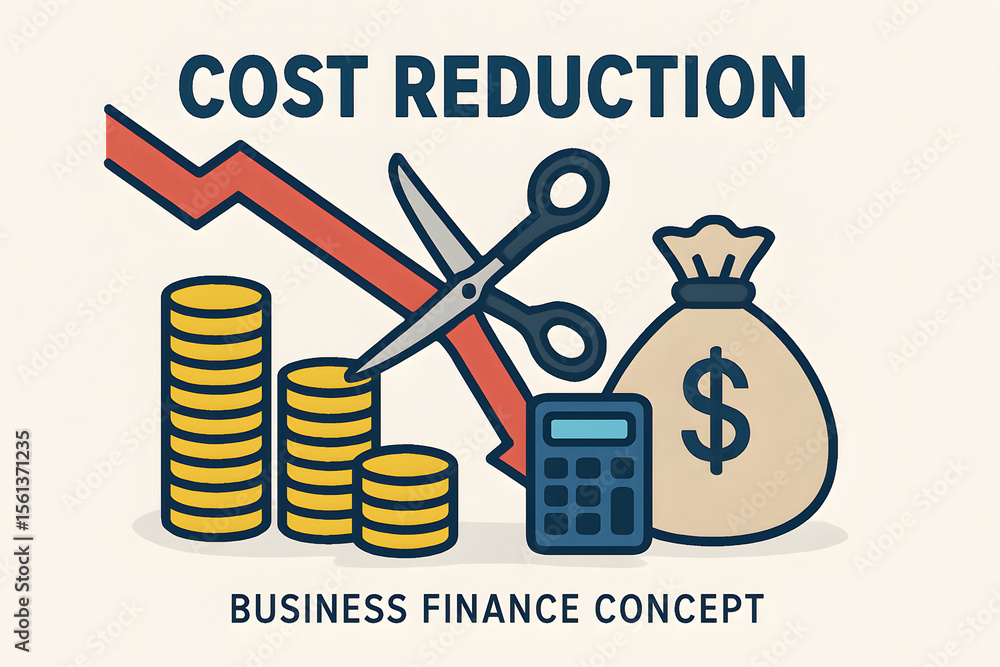 Aufkleber cost reduction: concept illustrated with falling red line, scissors, and coin stacks representing a 