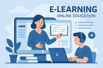 E-Learning: Online Education at your fingertips: A visual representation of online learning, with an instructor on a computer screen guiding a student.