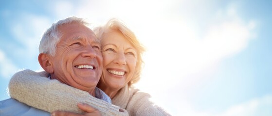 The joyful elderly couple embracing in a warm, sunny outdoor setting.