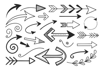 Hand-Drawn Arrows Collection in Sketch Vector Style Featuring Curved and Circular Black Icons for Navigation UI Projects, Infographic Layouts, and Presentation Templates.

