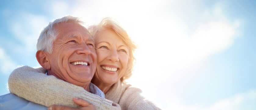 The joyful elderly couple embracing in a warm, sunny outdoor setting.