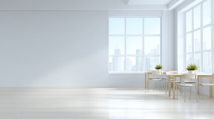 Fototapeta premium Bright and spacious modern interior with large windows, wooden flooring, and minimalist furniture, featuring a serene atmosphere ideal for creative work or relaxation with ample natural light