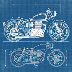 Motorcycle technical blueprint, clean white ink lines on a deep blue background, showcasing precise mechanical details and a classic engineering layout.