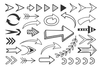 Hand-Drawn Arrow Icons Set in Vector Sketch Style Featuring Curved, Circular, and Zigzag Black Designs for Infographic Layouts, UI Navigation Symbols, and Presentations.

