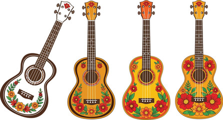 Colorful floral ukulele collection vector illustration musical instrument