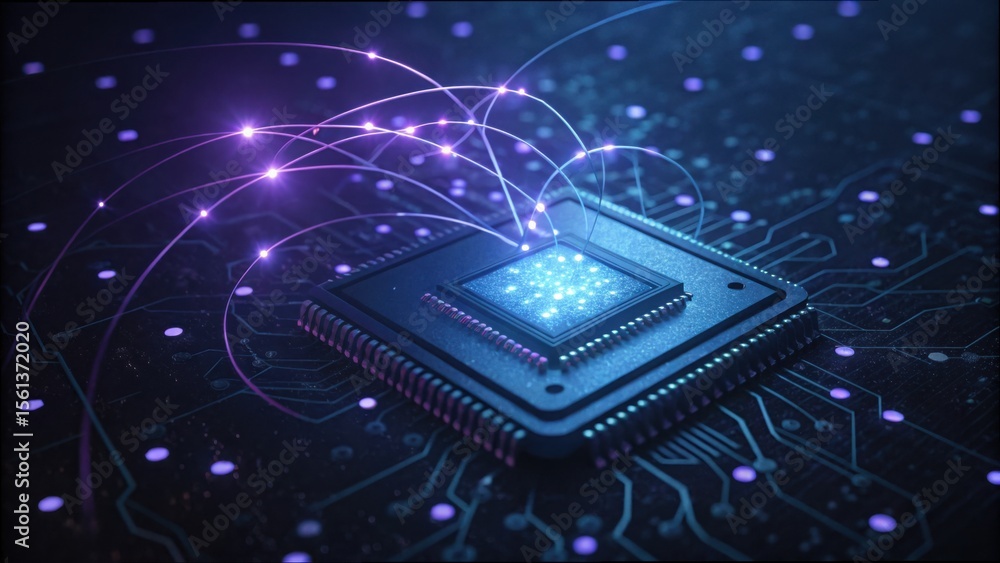 Poster particles floating above a microchip with entangled connections