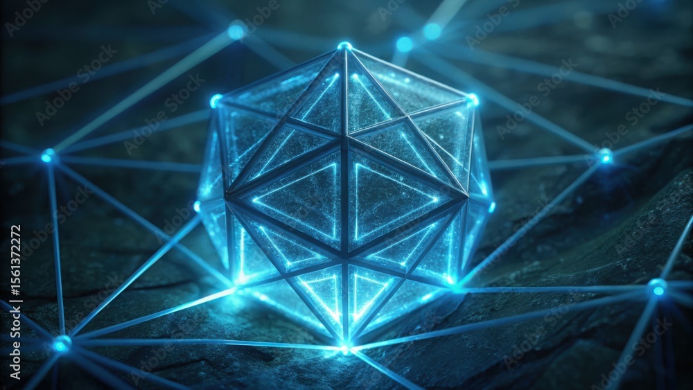 Poster blue glowing crystal structure with lines crossing on dark background