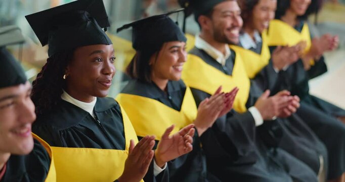 Students, graduation and applause with smile in row for education, achievement and goals at college. People, happy and success with scholarship, cheers or cap for celebration ceremony at university
