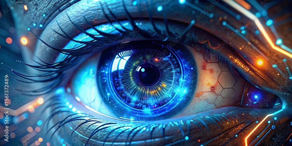 Poster futuristic human eye with circuitry and glowing lights representing artificial intelligence and tech