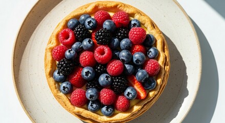 A close-up shot of a delicious berry tart on a ceramic plate, ready to eat.