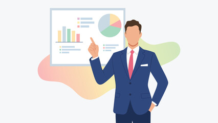 Businessman presenting data and charts – vector illustration
