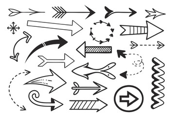 Vector Arrows in Hand-Drawn Sketch Style Featuring Circular, Zigzag, and Curved Black Icons for Infographic Layouts, Navigation UI Graphics, and Presentation Designs.


