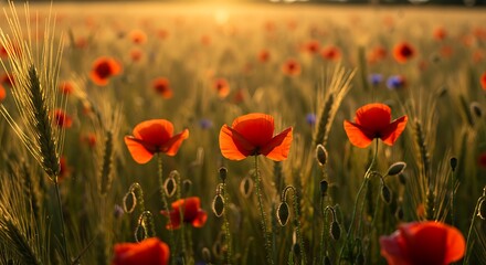 Poppy Flower Field at Sunset