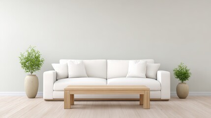 Fototapeta premium Modern living room featuring a stylish white sofa with plush cushions, accompanied by a wooden coffee table and decorative potted plants, creating a serene and inviting atmosphere for relaxation
