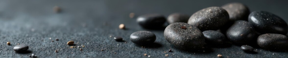 Polished spa stones scattered on a matte black surface , natural, clean