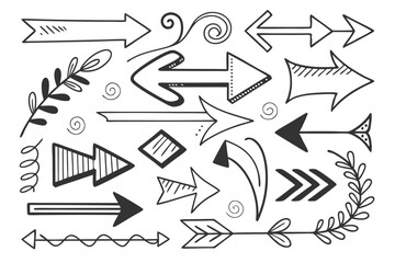 Hand-Drawn Black Arrows in Vector Sketch Style Featuring Circular, Zigzag, and Swirled Icons for UI Navigation Charts, Infographic Layouts, and Presentation Graphic Designs.


