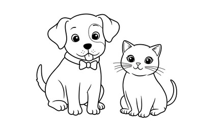 Fototapeta premium Cat and Dog coloring page for kids A4 F4 Drawing book black and white background