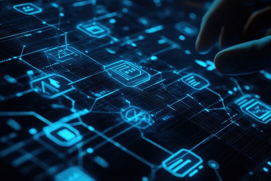 Abstract futuristic technology interface digital network. Futuristic B2B network concept with connected icons and hands framing a glowing digital interface on a dark background.