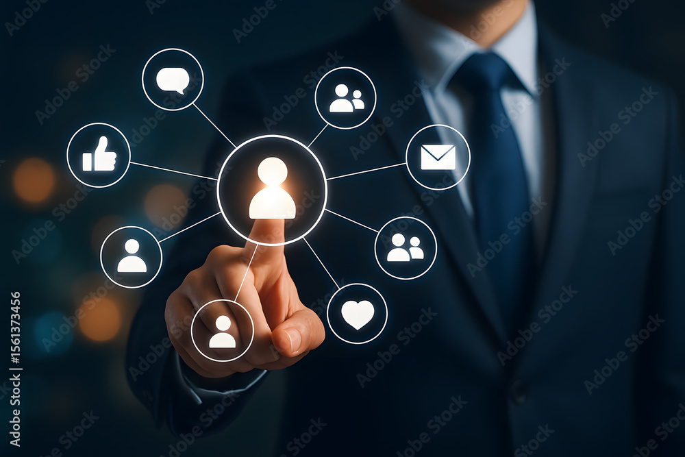 Poster digital network connection: a man in a suit interacting with a digital network diagram, highlighting