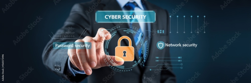 Poster a person interacts with a digital interface showcasing cyber security concepts.