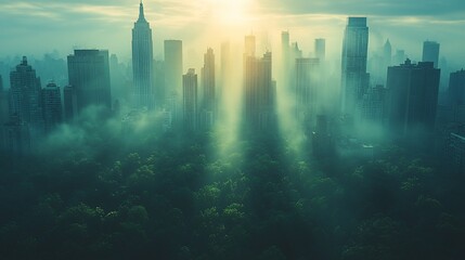 Aerial view of New York City skyline and Central Park shrouded in morning fog