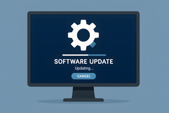 Software Update Progress: A digital rendering showcases a computer screen displaying a software update in progress, accompanied by technical illustrations for a seamless technology upgrade.