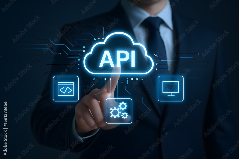 Poster api cloud technology: a professional in a tailored suit engages with a futuristic digital display, h