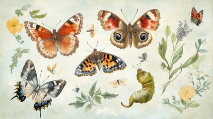 Obraz premium Watercolor butterflies, flowers, and insects