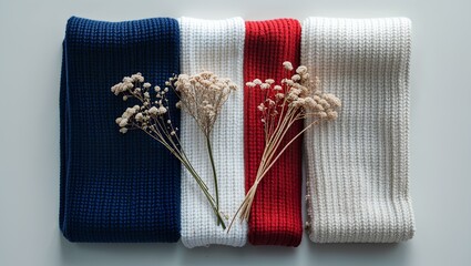 three knitted fabric swatches in the colors of the French flag