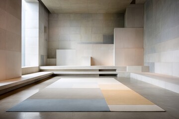 Modern minimalist interior design featuring geometric shapes and soft color palette, showcasing spacious layout with natural light streaming through large windows, creating a serene and inviting atmos