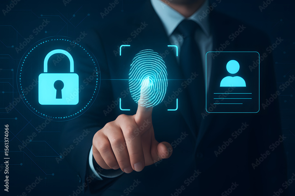 Poster secure digital access: a businessman's hand interacts with a digital interface to unlock secure acce