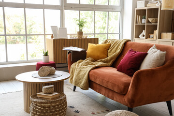 Beautiful interior of living room with brown sofa, coffee table and window