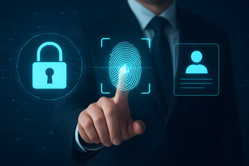 Secure Digital Access: A businessman's hand interacts with a digital interface to unlock secure access, a fingerprint scanner alongside a profile icon, symbolizing digital security.