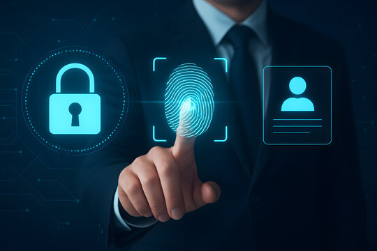 Secure Digital Access: A businessman's hand interacts with a digital interface to unlock secure access, a fingerprint scanner alongside a profile icon, symbolizing digital security. - Powered by Adobe
