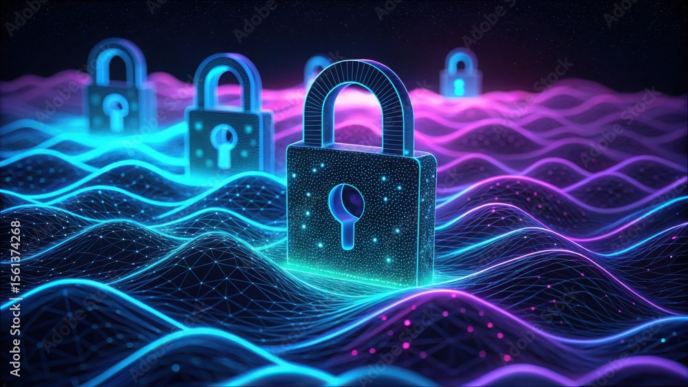 Poster Digital Encryption Waves with Symbolic Locks in a Dark Setting