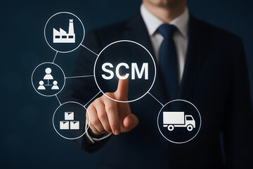 Supply Chain Management: A close-up shot of a business professional using hand gestures with a network graph showcasing interconnected supply chain processes.