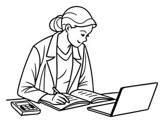 Office Bookkeeping Woman with Files and Laptop Vector Illustration