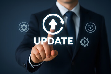 Business Update: An executive, hand outstretched, interacts with a futuristic digital interface, indicating an important upgrade or progress in the business strategy.