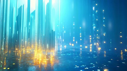 Abstract digital landscape with shimmering lights and vertical lines reflecting in water, creating a serene atmosphere - Powered by Adobe