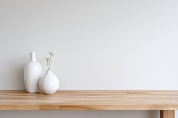 Two elegant white vases placed on a wooden table against a minimalist wall, showcasing delicate flowers in one vase, creating a serene and modern home decor atmosphere with copy space