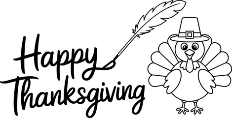 Cute Thanksgiving Turkey Line Art with Feather Pen. Happy Thanksgiving Day.