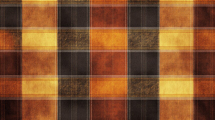 Seamless plaid textile design in shades of brown, orange, and yellow