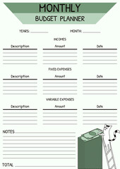 Funny monthly Budget Planner template design. Vector illustration of Budget plan with incomes expenses notes lines and cute silly cat with money. Perfect Budget Plan layout. EPS 10